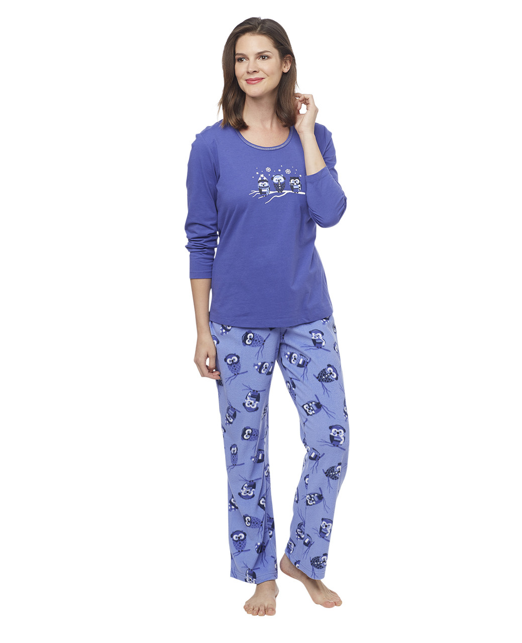 Woman's blue micro bottom pyjama set with printed owl pattern