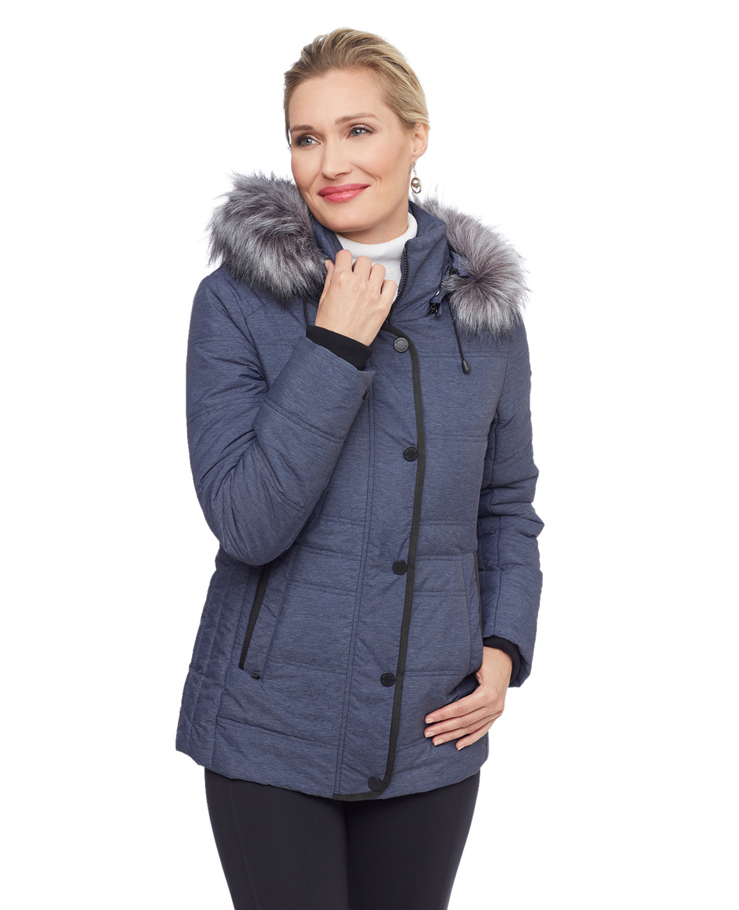 Women's blue melange quilt jacket with silver faux fur hood