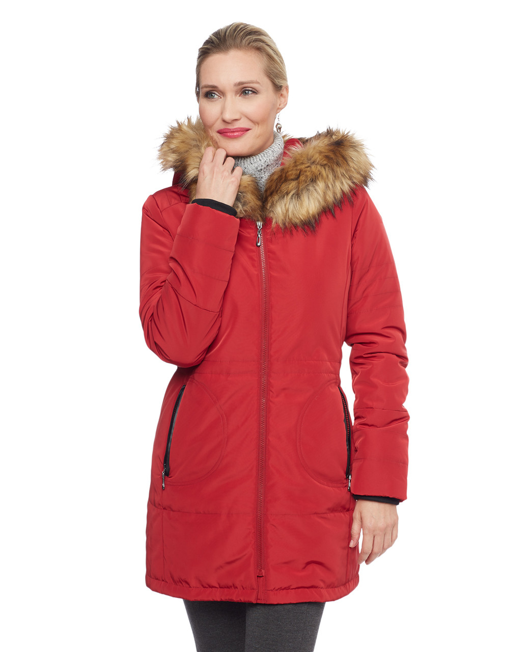 Woman's red quilted jacket with faux fur hood