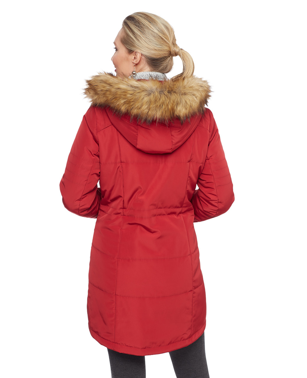 Woman's red quilted jacket with faux fur hood