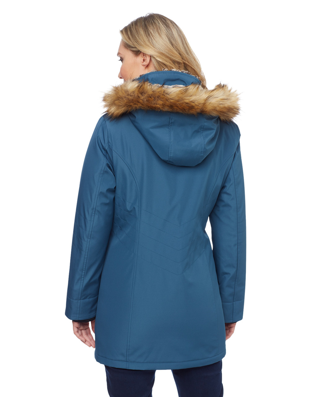 Woman's dark teal blue jacket with faux fur hood