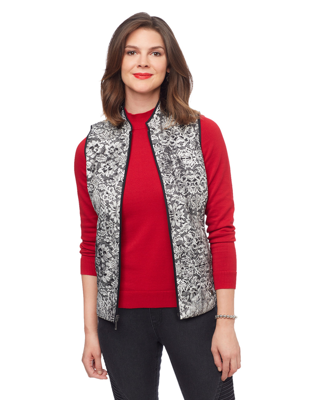 Woman's black and white lace pattern quilt vest