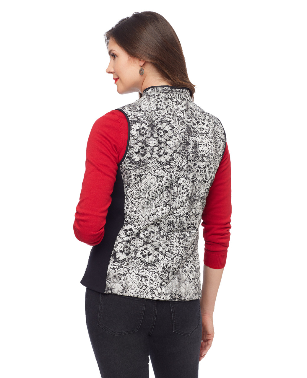 Woman's black and white lace pattern quilt vest