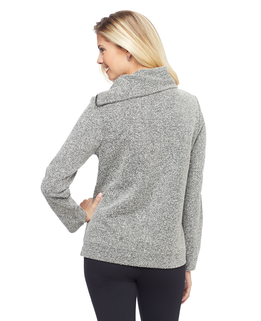 Woman's grey herringbone sweatshirt with cowl neck zipper detail