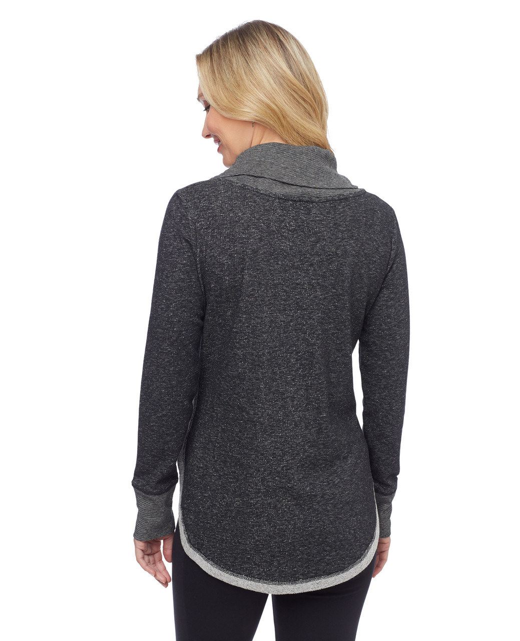 Woman's dark grey cowl neck lace up sweater