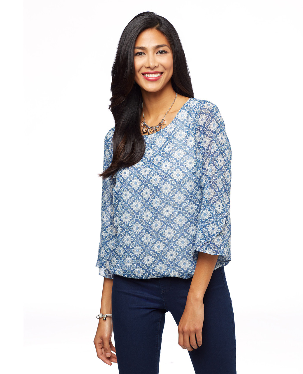 Woman's blue bell sleeve blouse