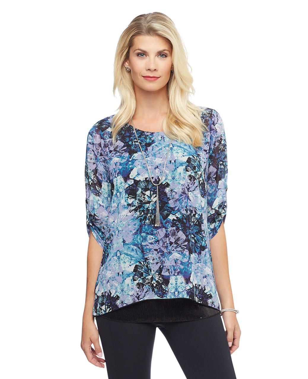 Woman's patterned purple three quarter sleeve top with sequin hem