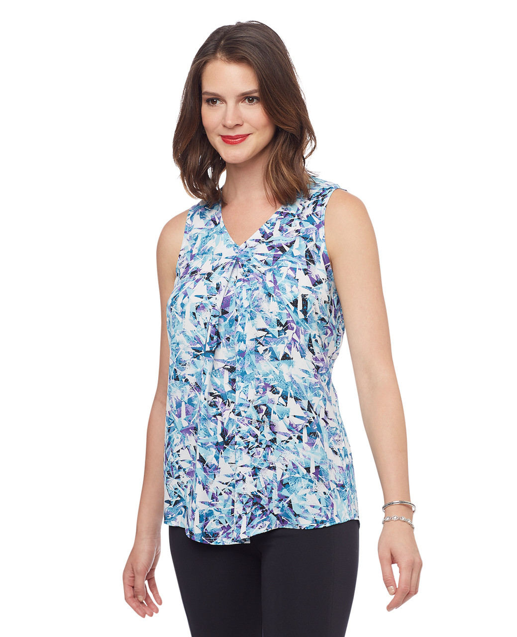 Woman's sleeveless purple and blue pleat tank blouse