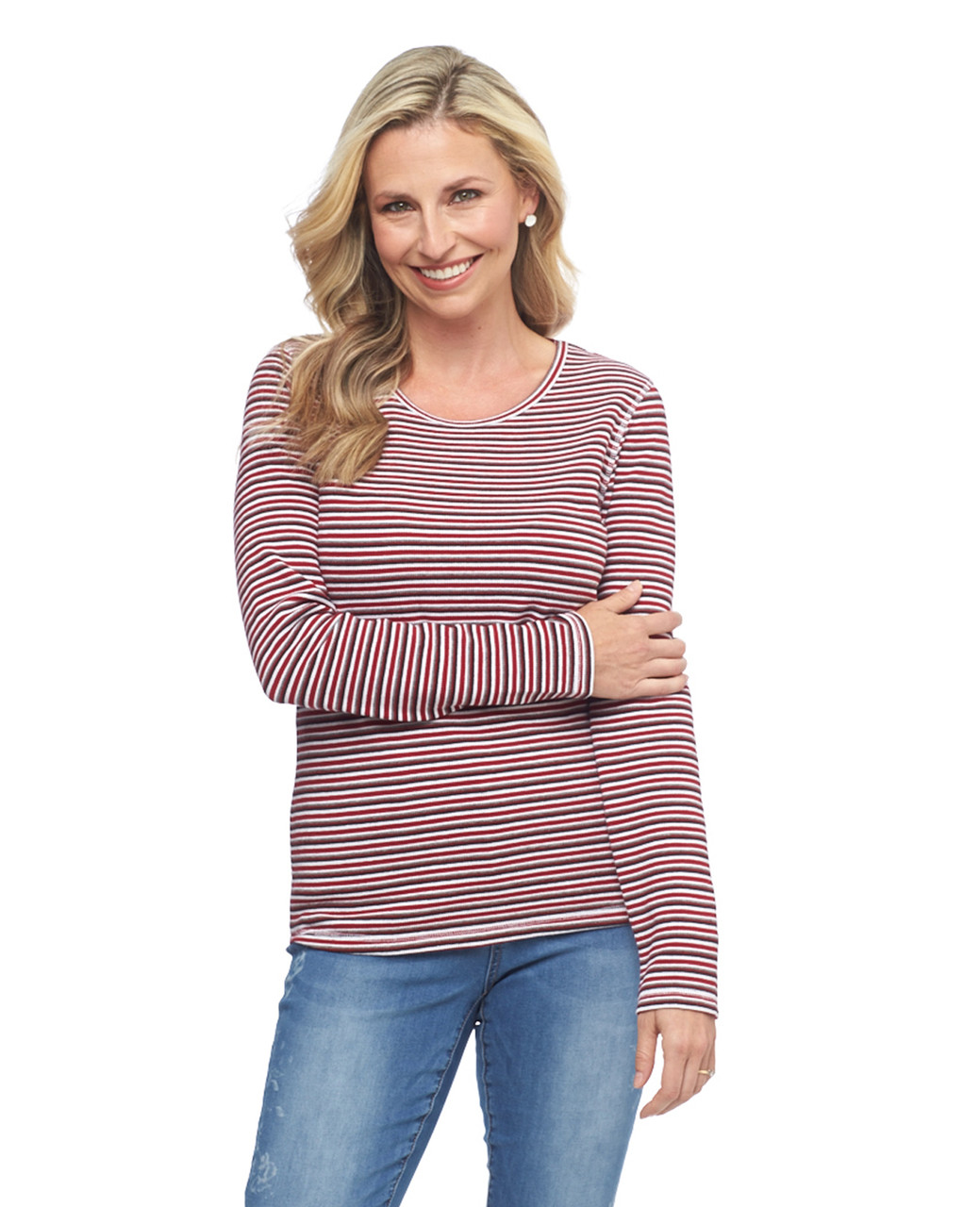 Woman's red striped waffle long sleeve tee