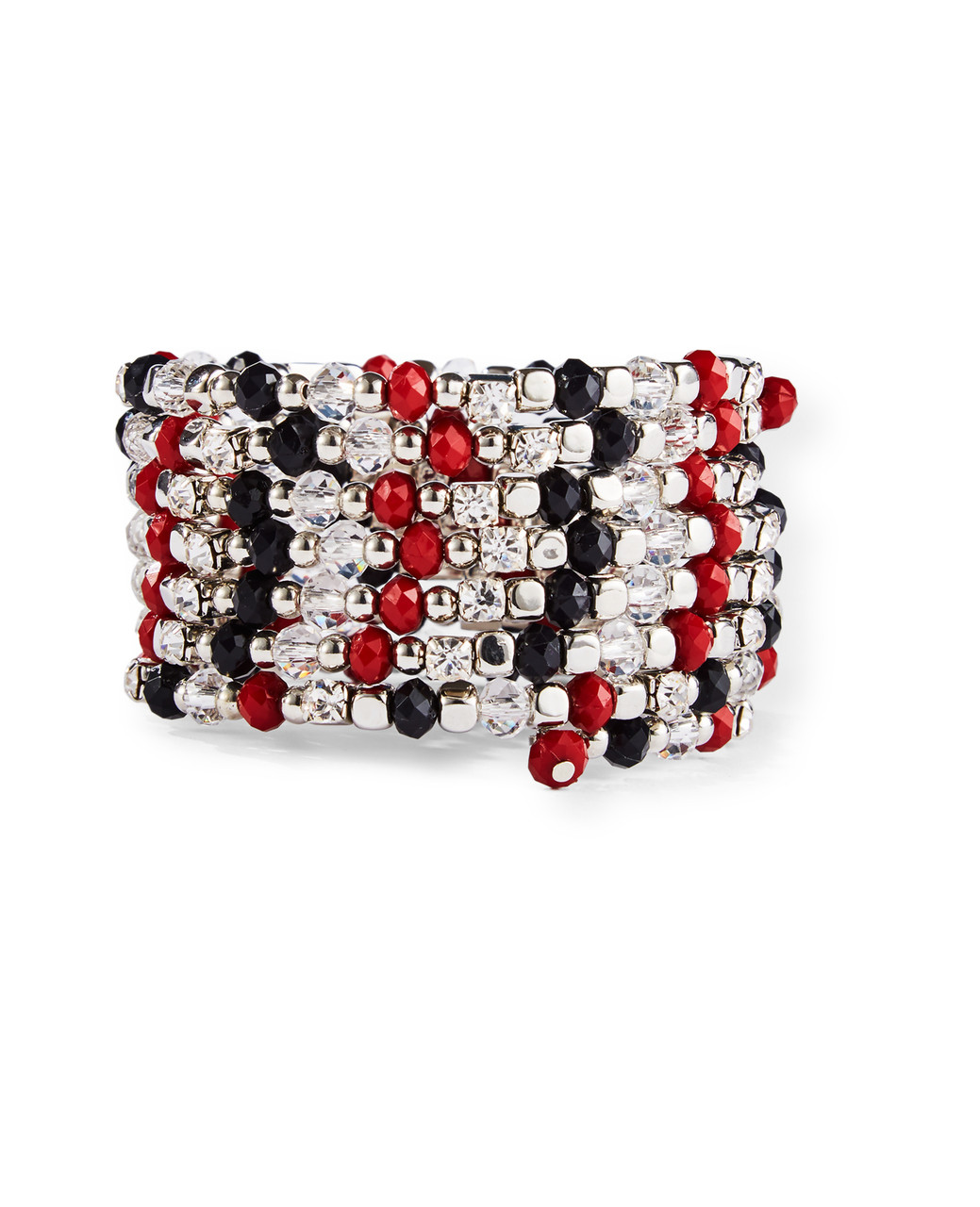 Red, black and silver charm bracelet with clear crystals