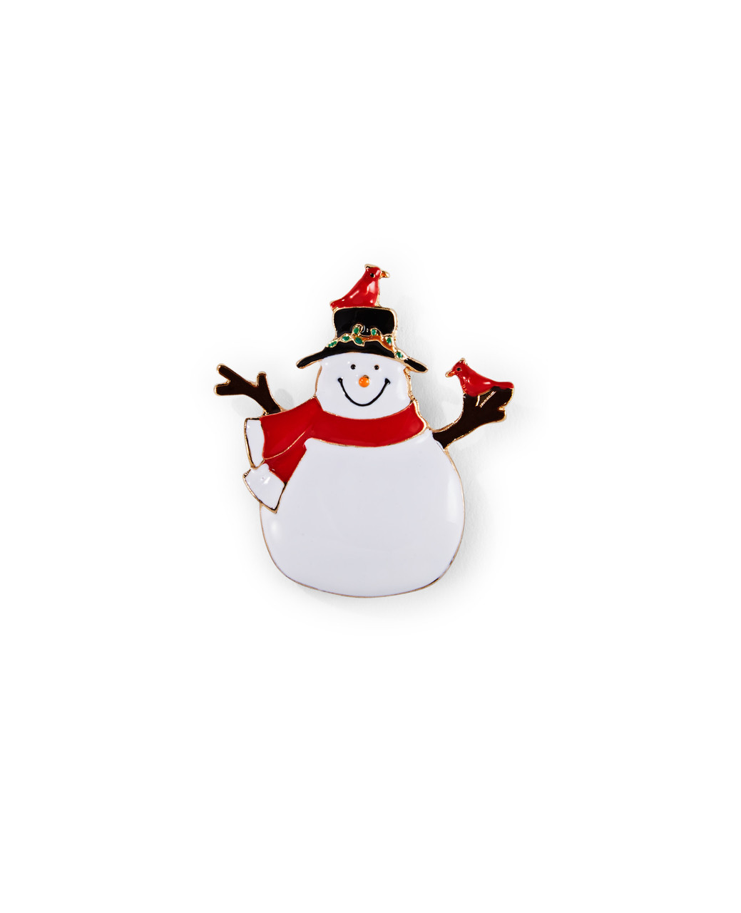 White snowman with cardinals brooch