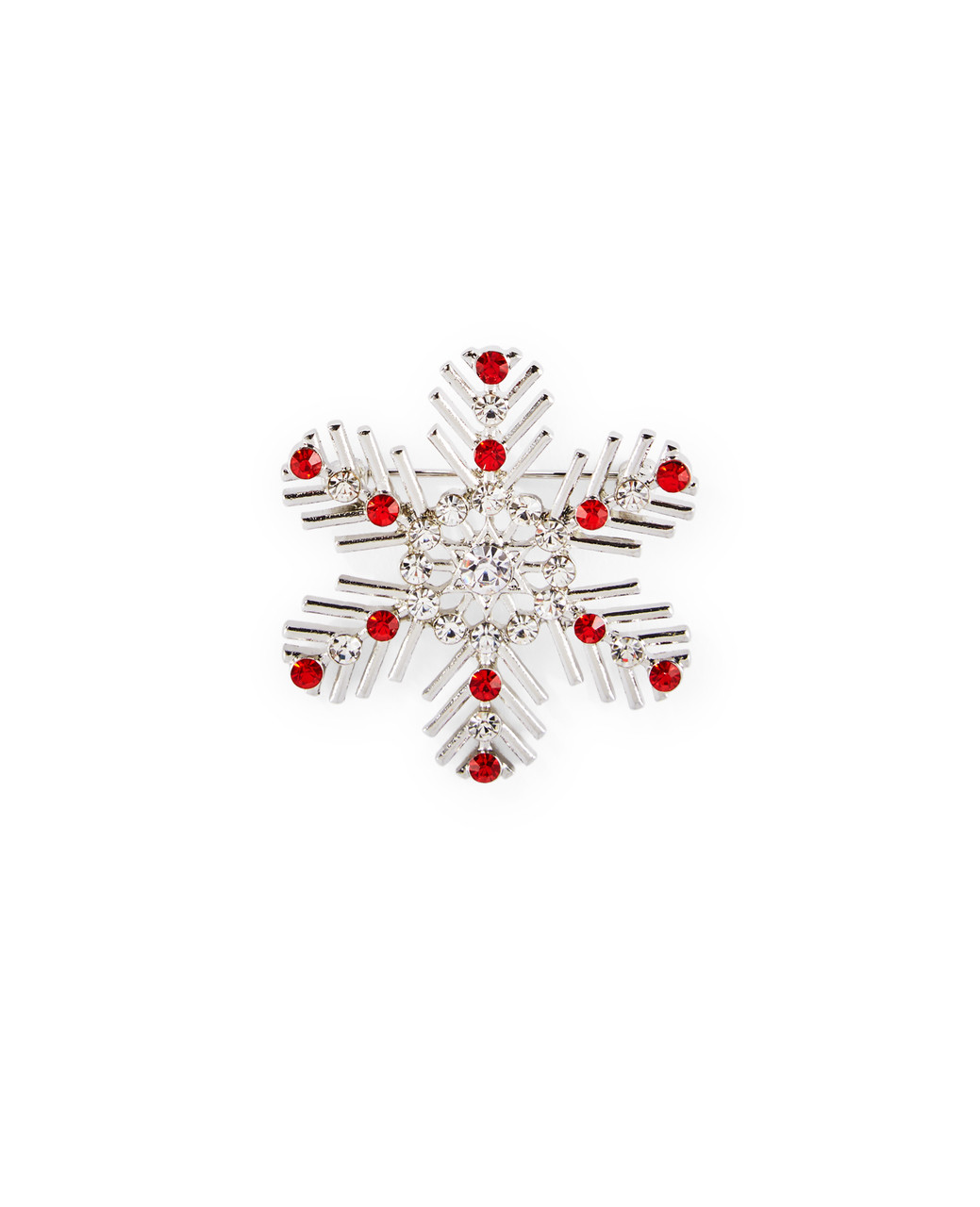 Silver snowflake with red jewels brooch