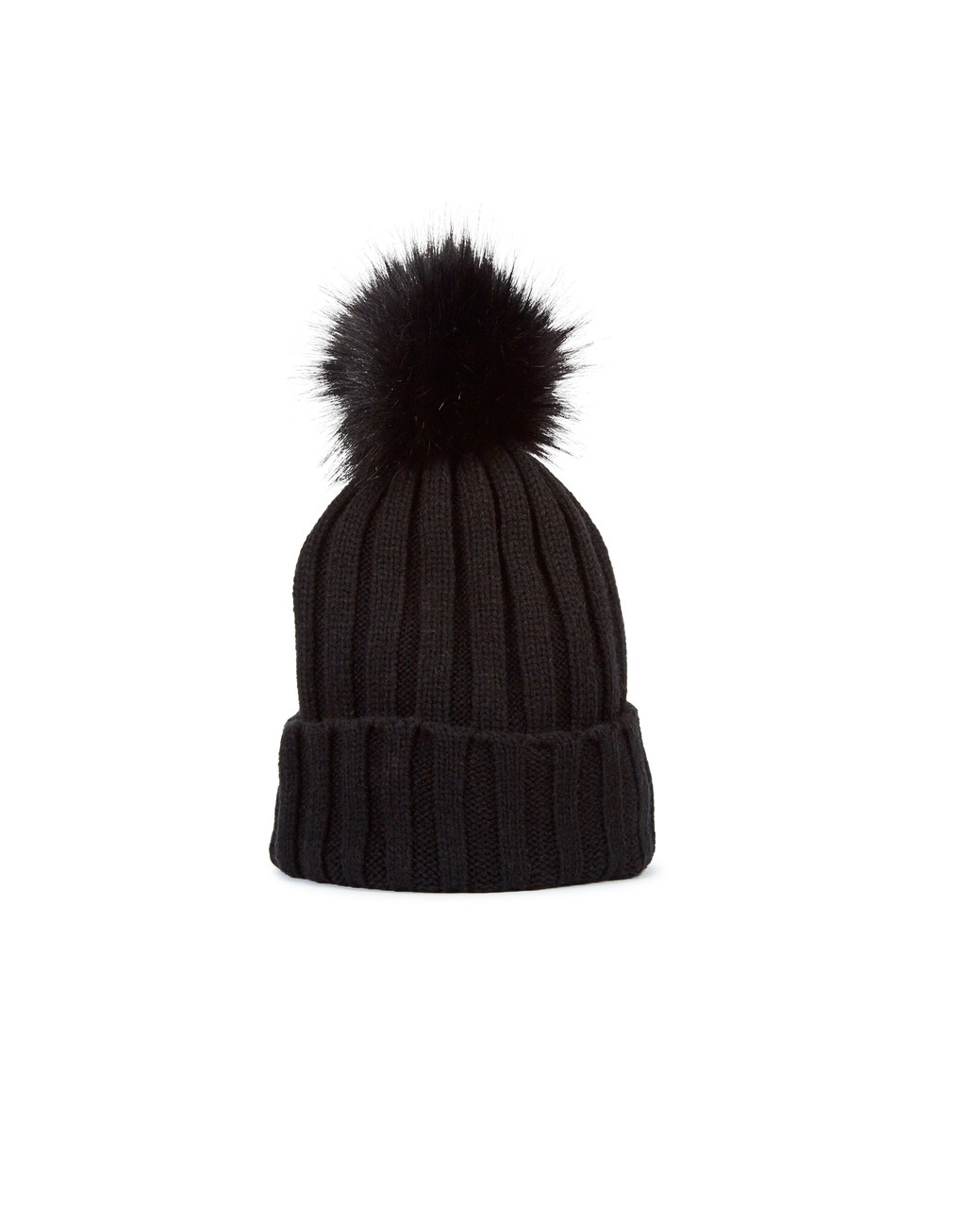 Black knitted winter hat with pom pom