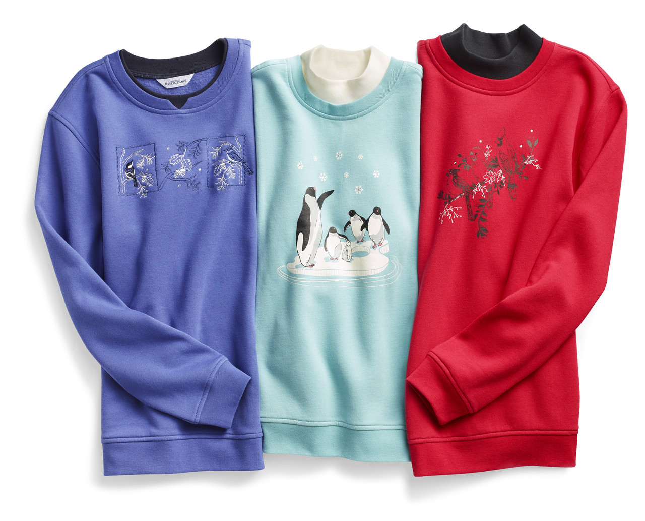 Women's petite aqua blue penguin family mock neck sweater