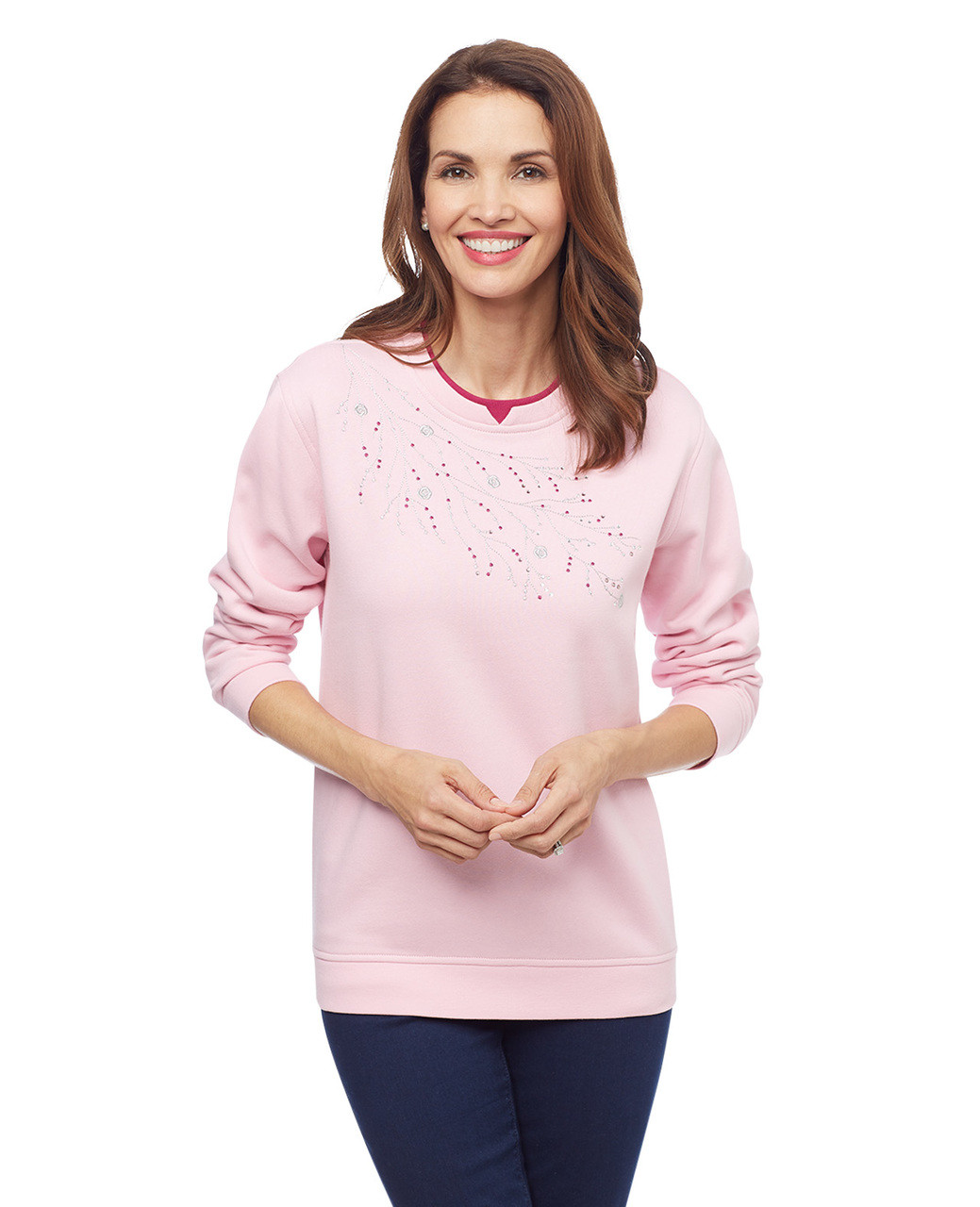 Woman's pink asymmetrical embellishment notch sweatshirt