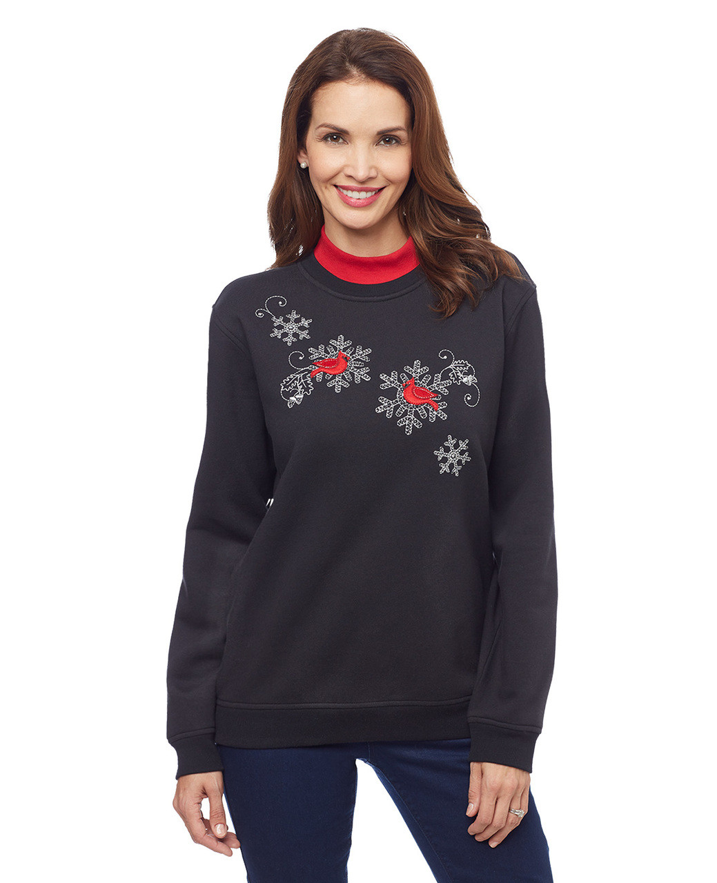 Woman's black cardinal snowflake graphic mock neck sweatshirt