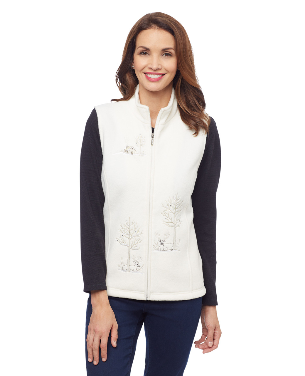 Woman's white deer applique kitch fleece vest