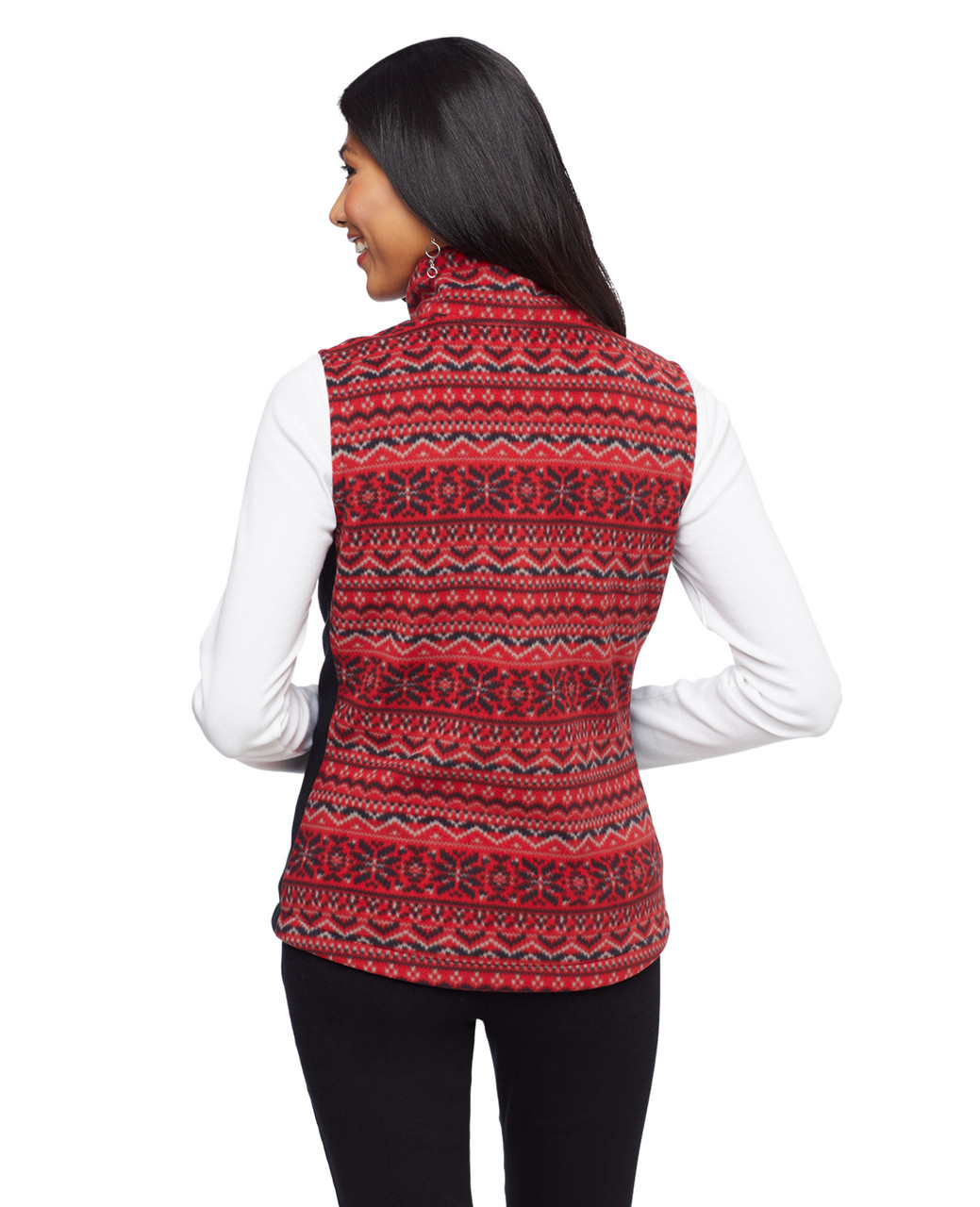 Woman's red printed jacquard snowflake kitch fleece vest