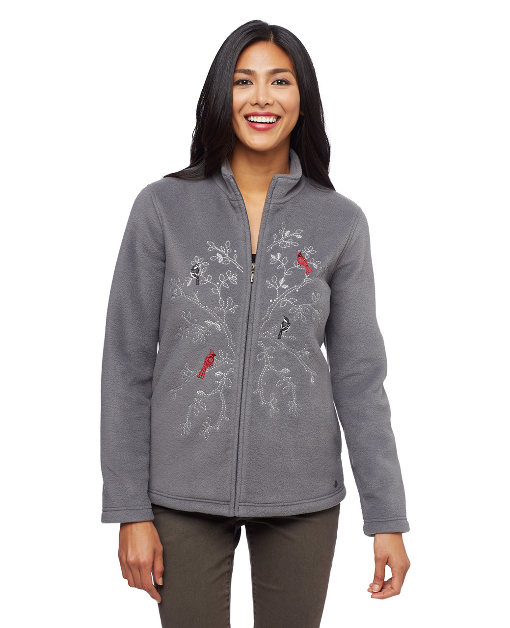 Women's charcoal cardinal applique kitch fleece jacket