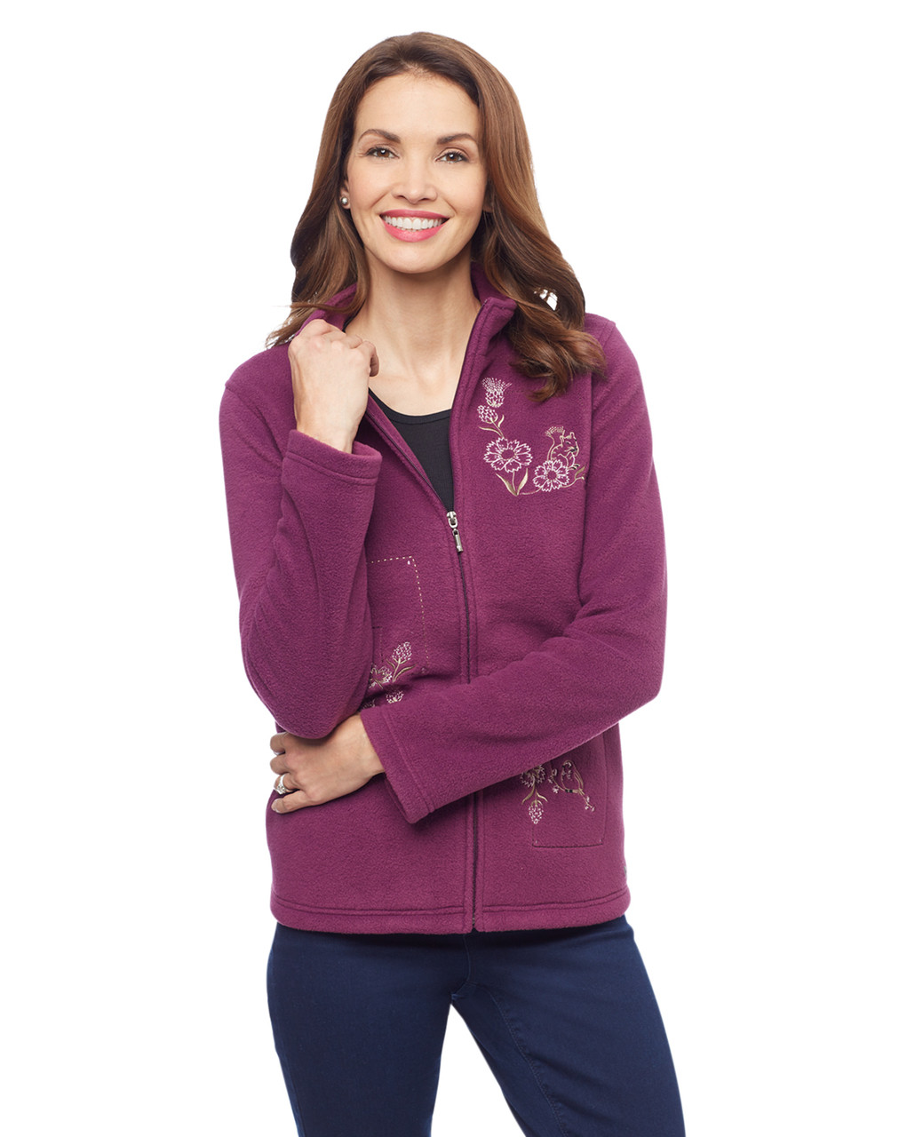 Woman's wine woodland creatures applique kitch fleece jacket