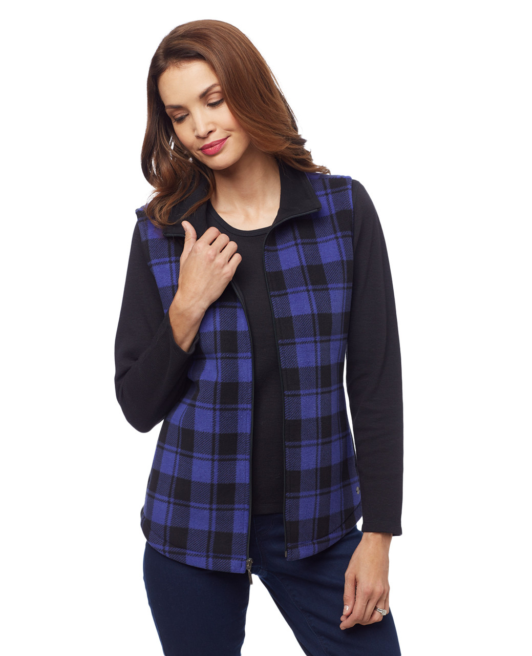 Woman's blue plaid fleece bonded vest