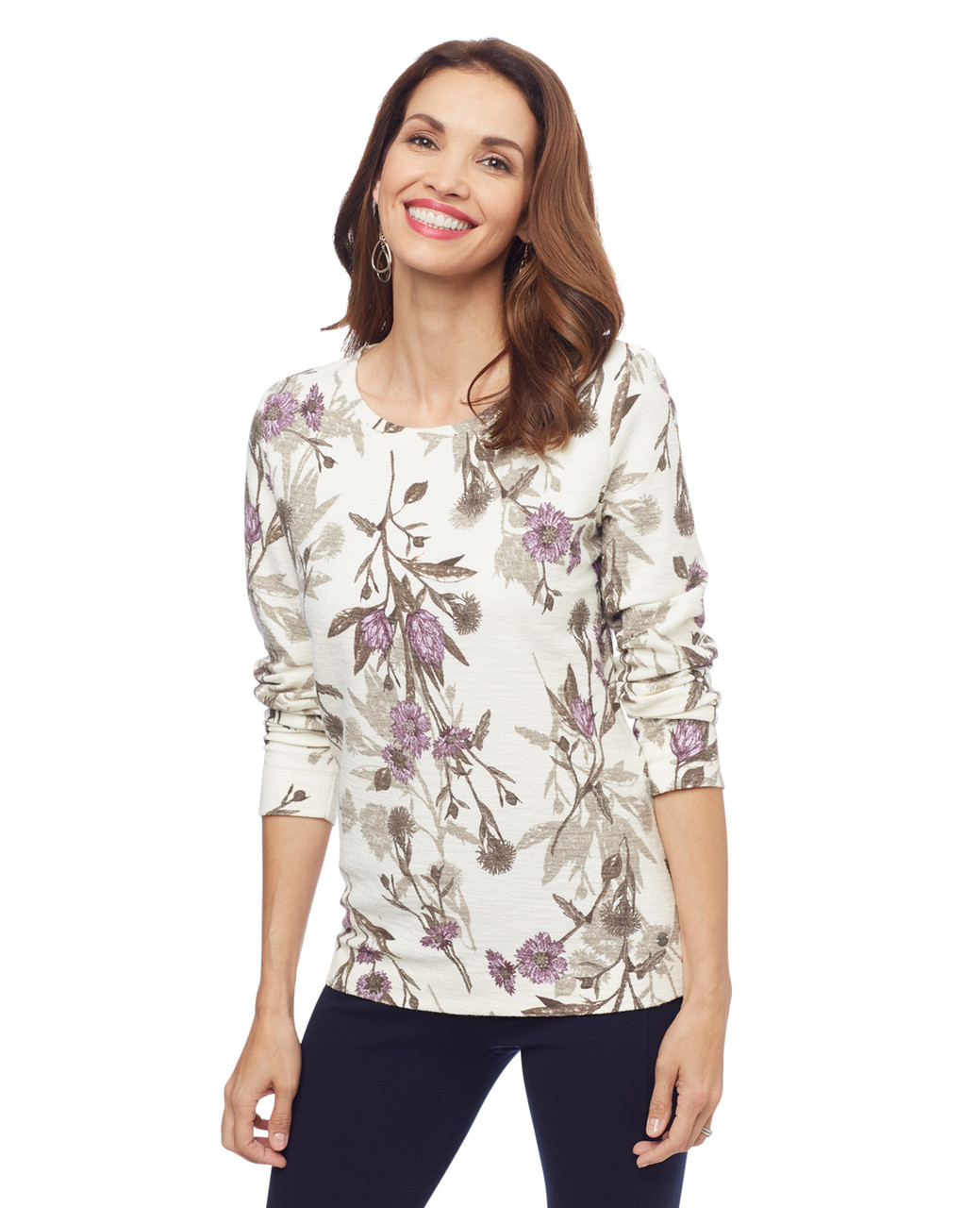 Woman's floral printed white pullover sweater