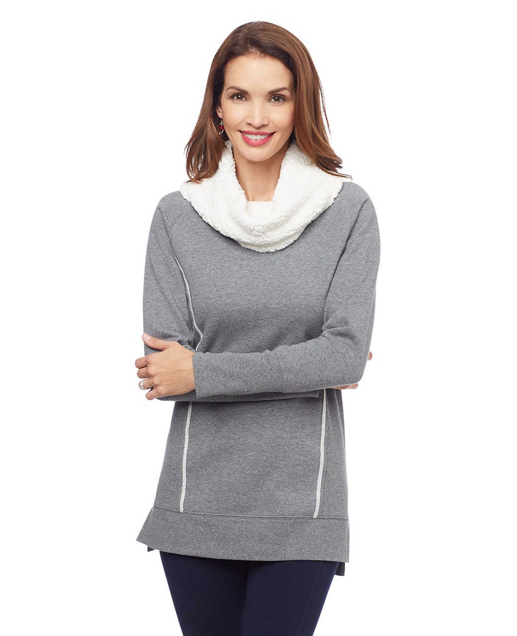 Woman's grey cowl neck sweatshirt