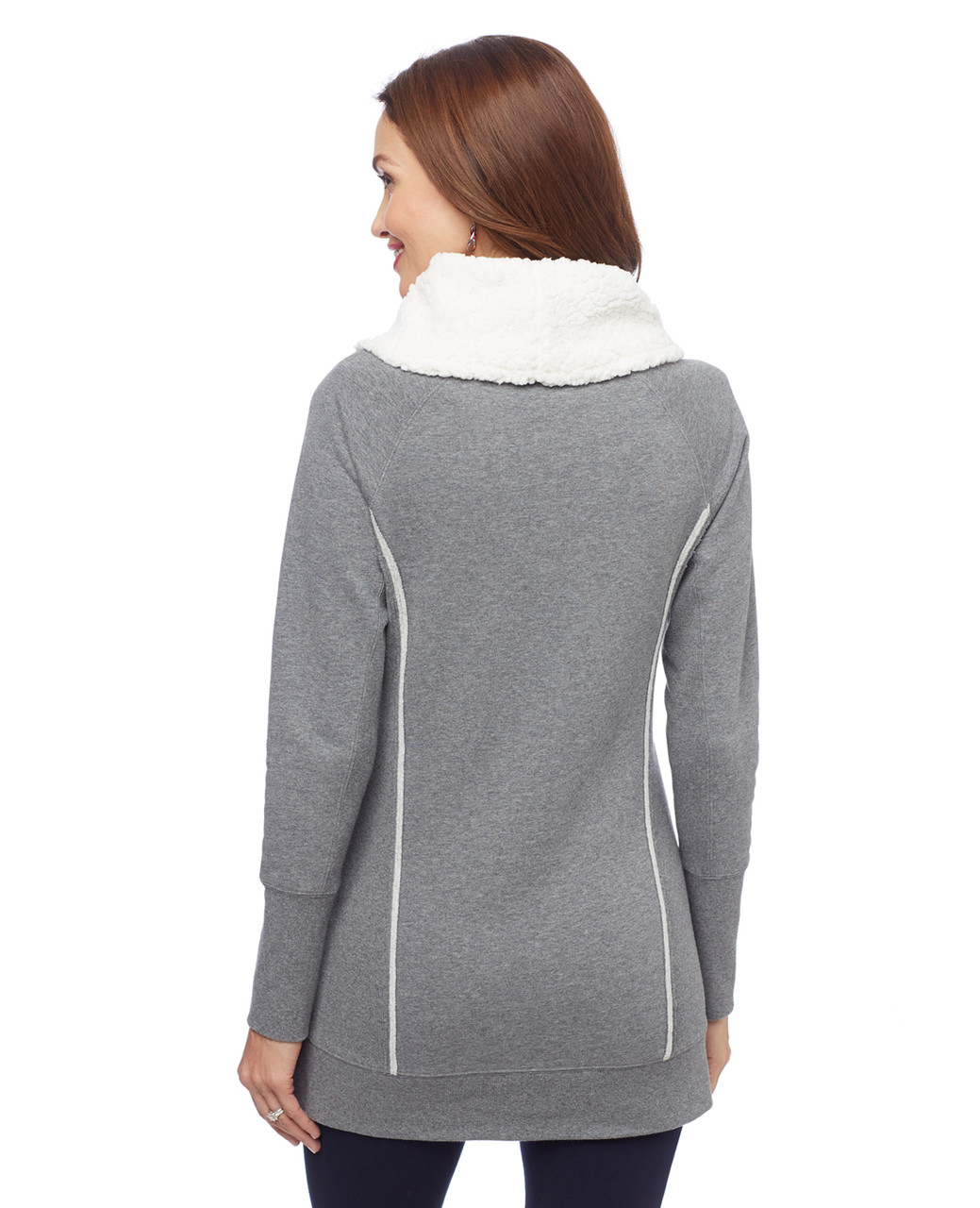 Woman's grey cowl neck sweatshirt