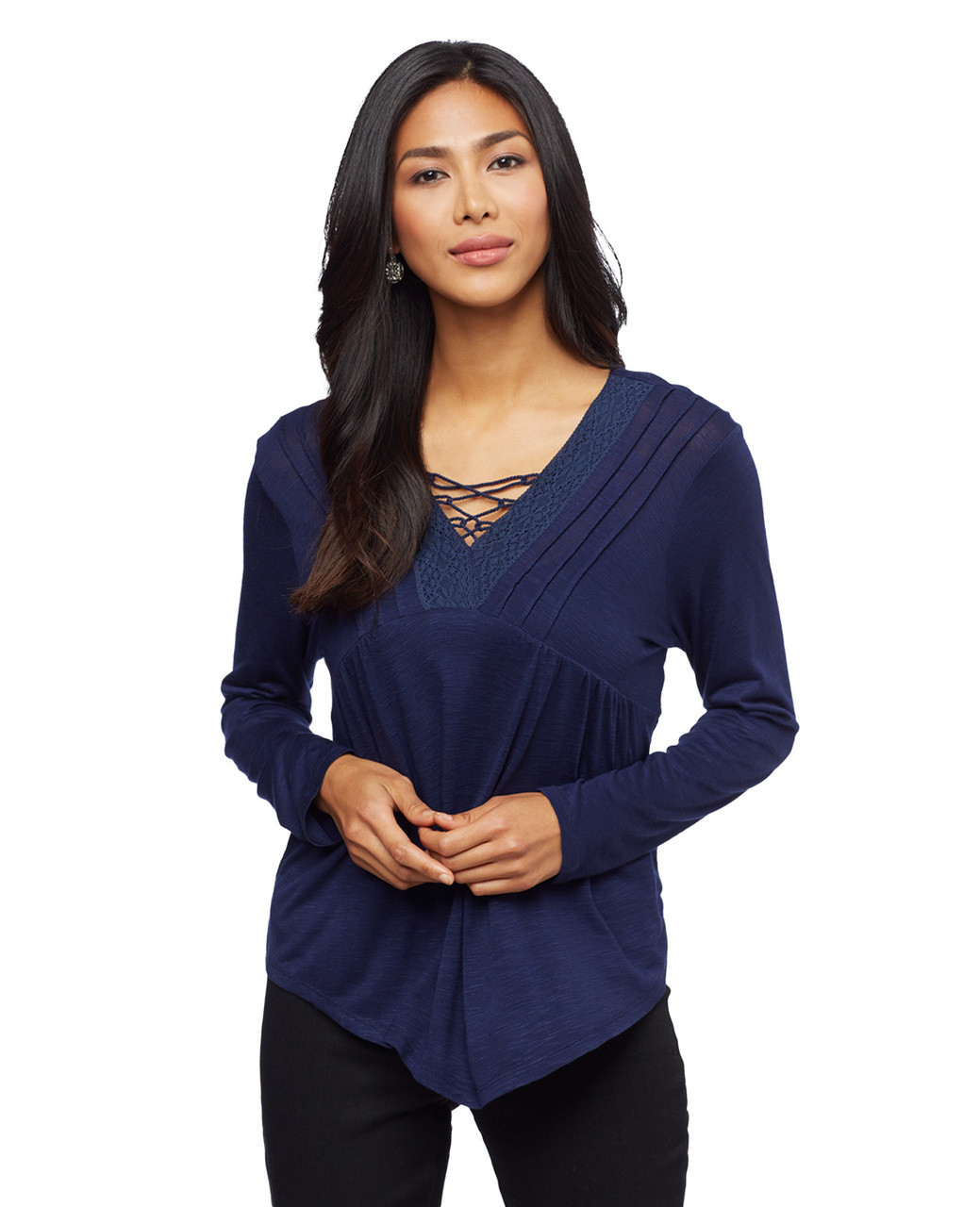 Woman's indigo blue crochet lace up top