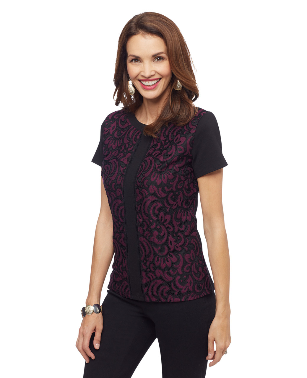 Woman's wine two tone lace pattern top