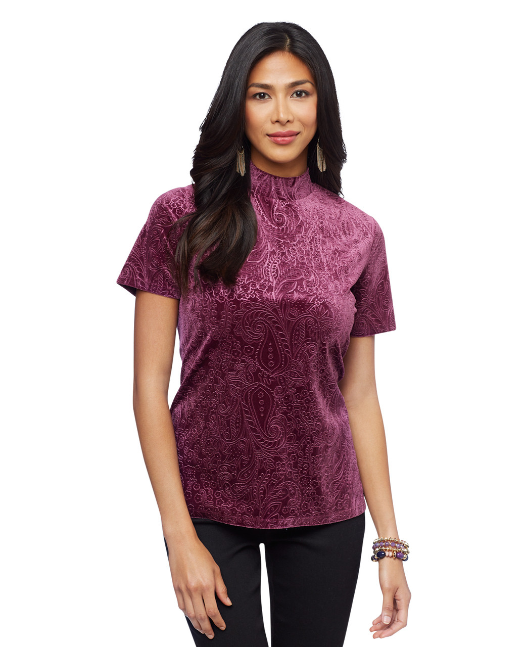 Woman's wine velvet pattern mock neck top
