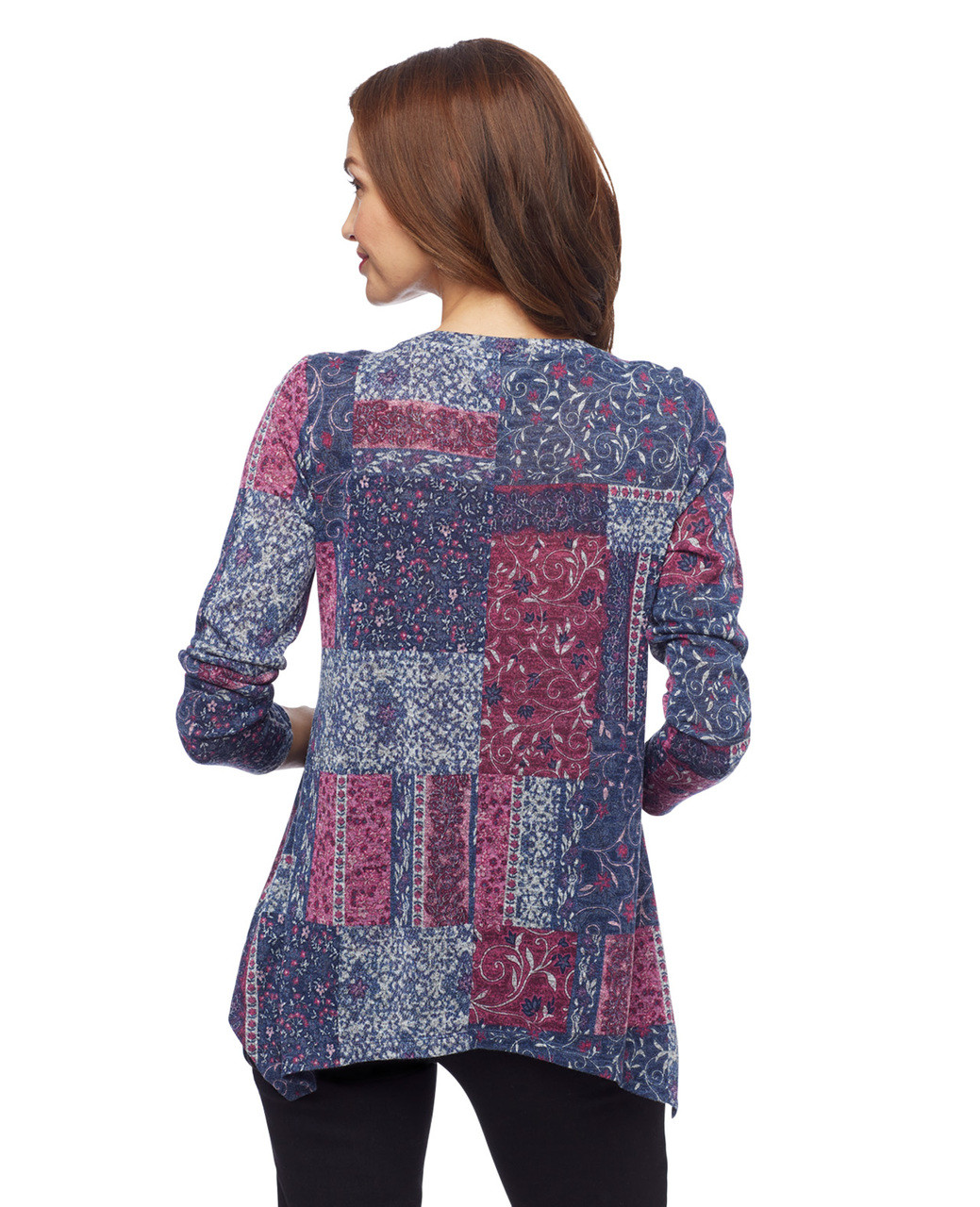 Women's petite printed patchwork sharkbite hem blouse