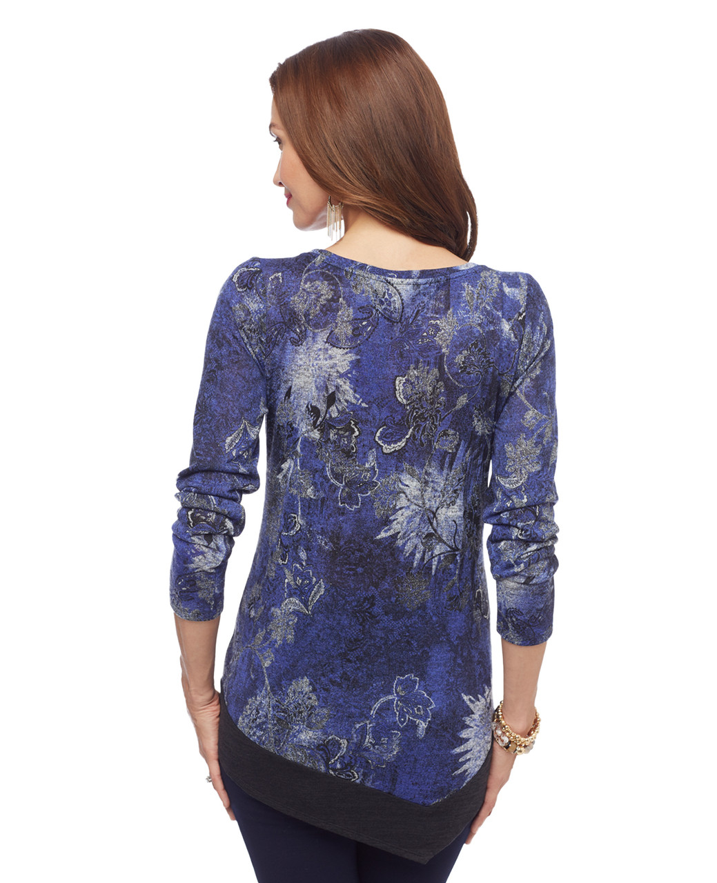 Woman's blue printed tunic top with asymmetrical hem