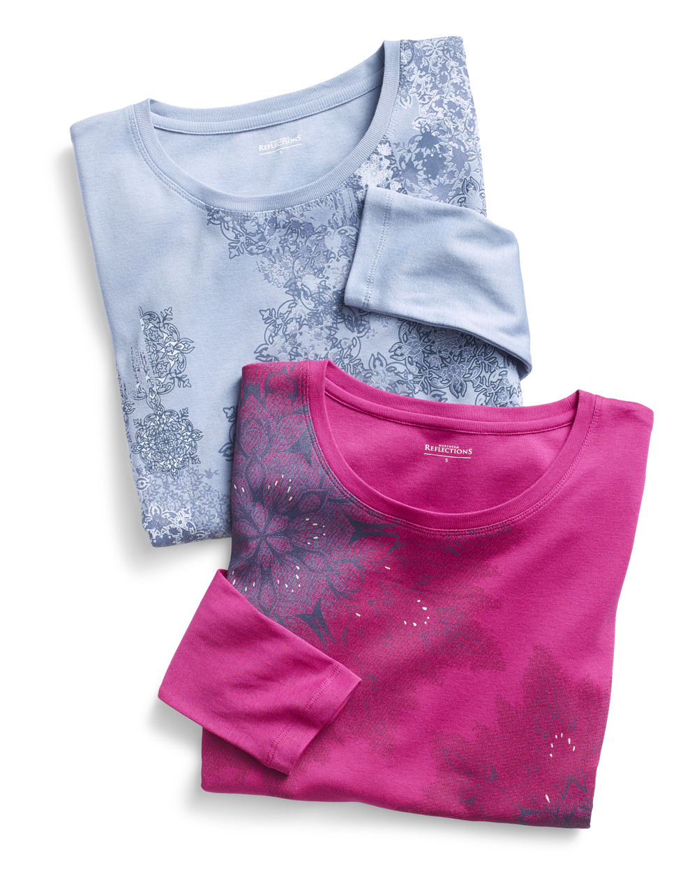 Women's thistle blue abstract snowflake graphic long sleeve crew neck tee