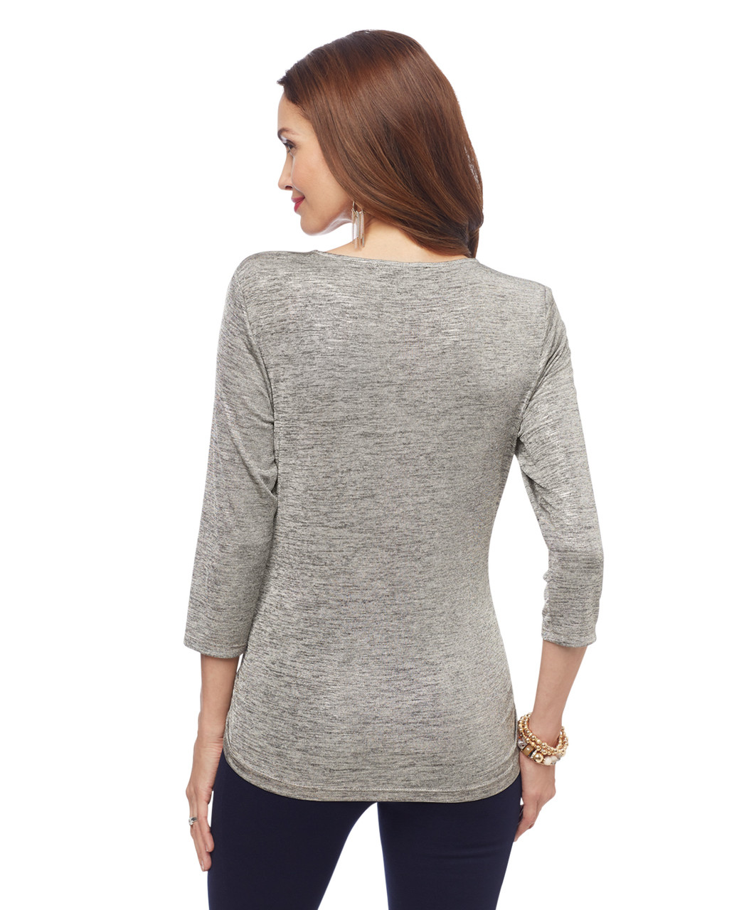 Woman's tan three quarter sleeve ruche top