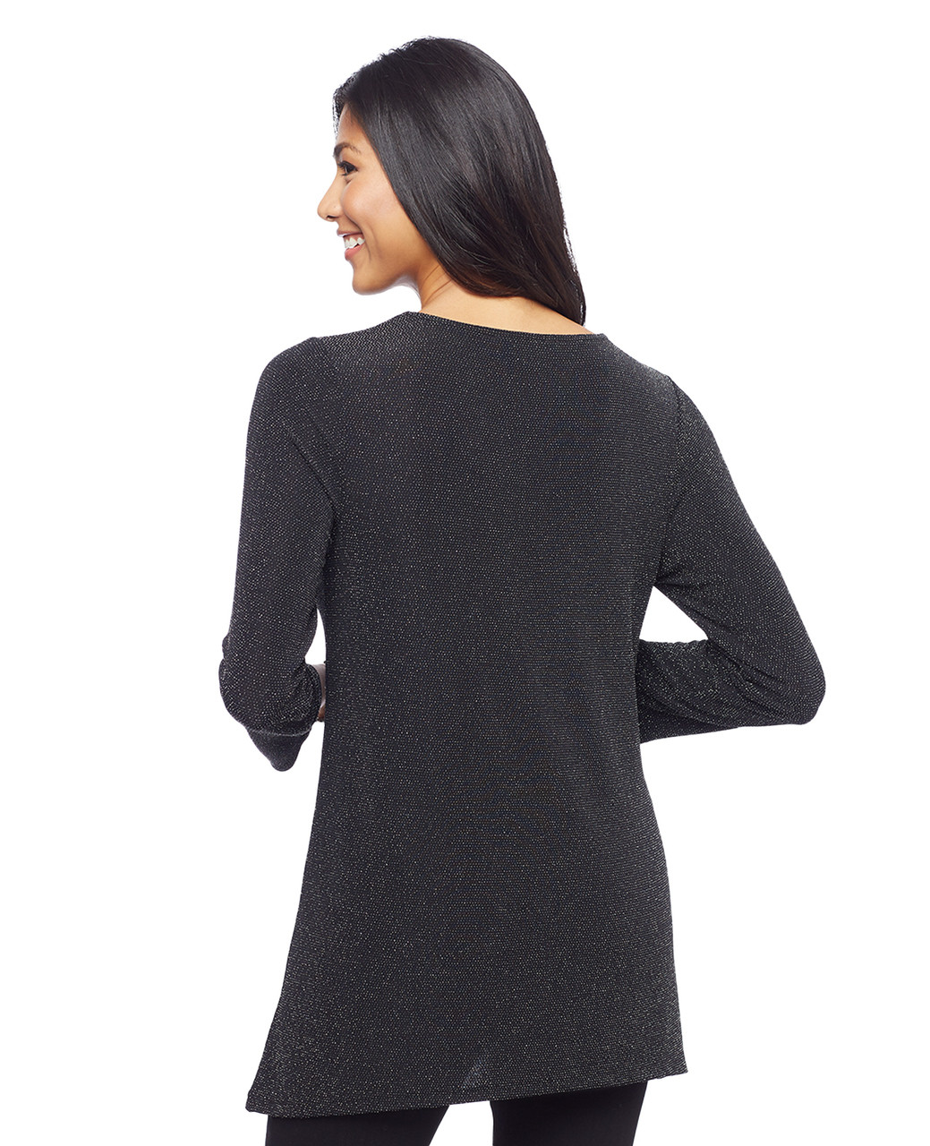 Woman's black glitter three quarter sleeve sharkbite hem top