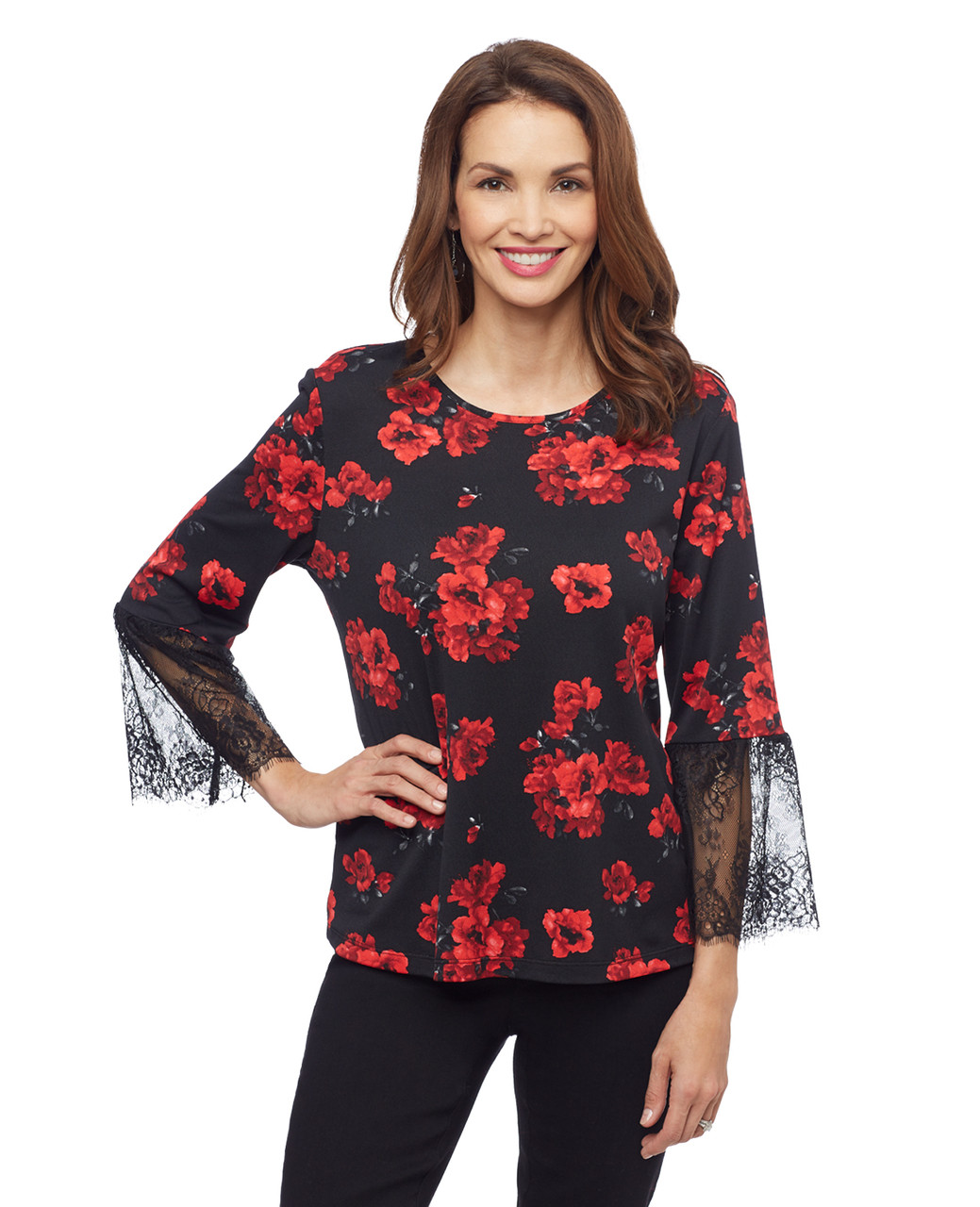 Woman's black lace bell sleeve flower blouse
