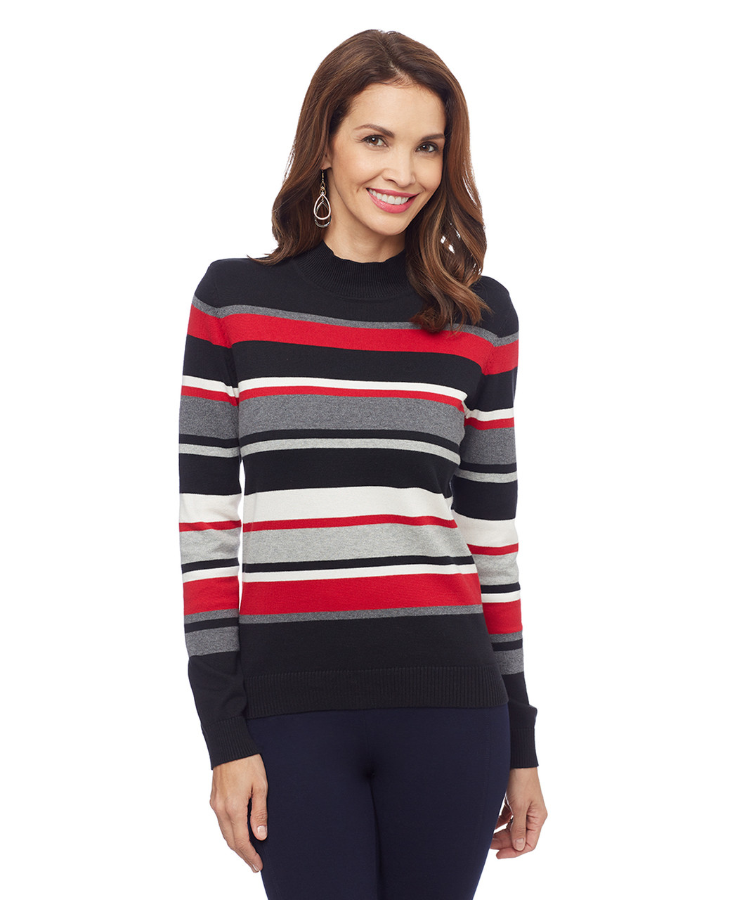Woman's black striped mock neck sweater