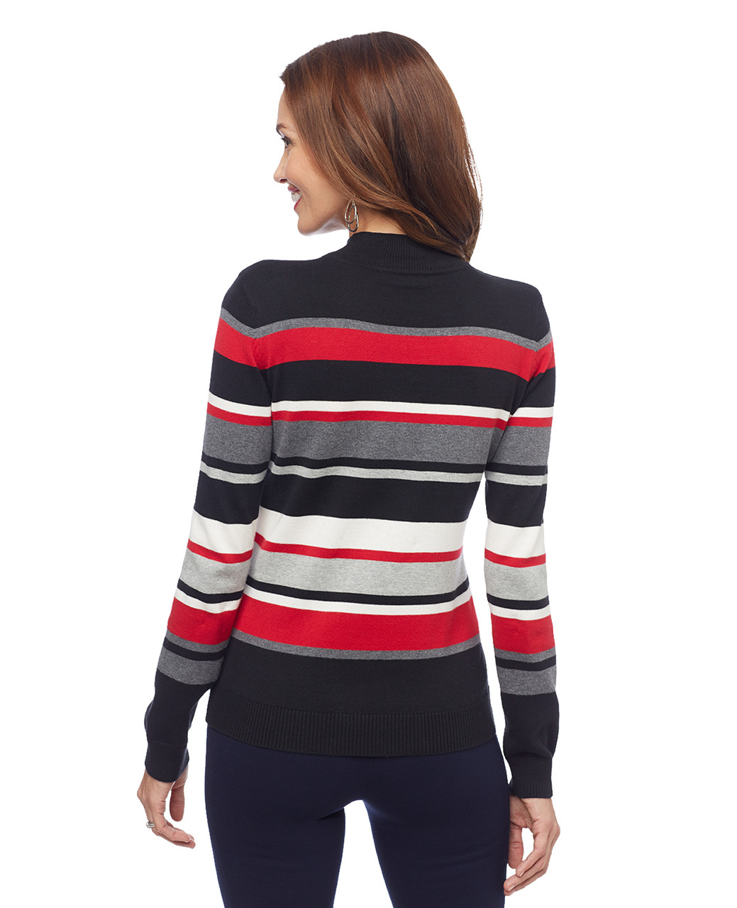 Woman's black striped mock neck sweater