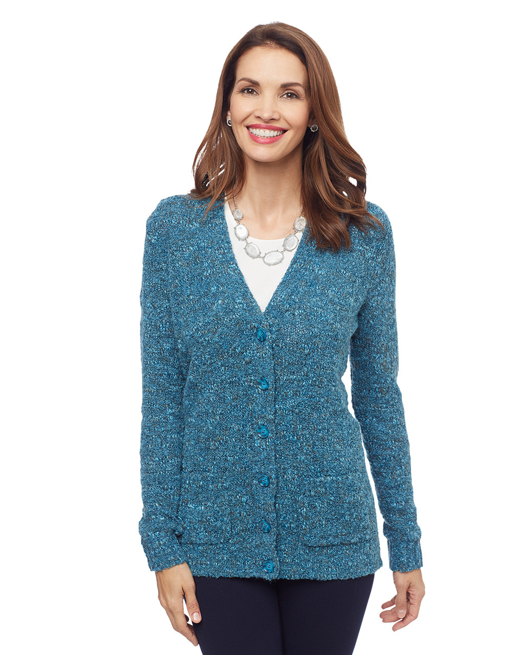 Woman's teal blue boucle yarn cardigan with pockets