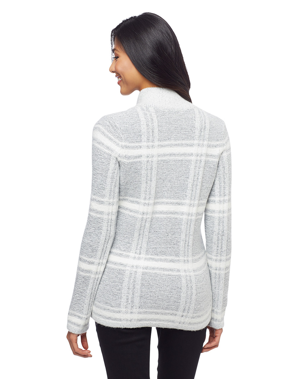 Woman's grey plaid zip up cardigan sweater