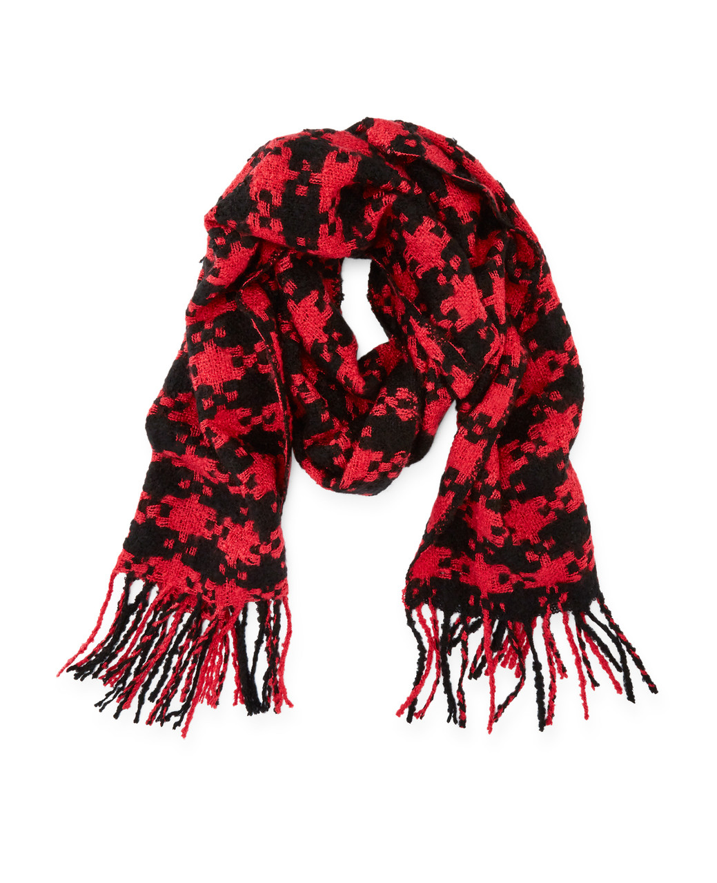 Women's black and red houndstooth boucle scarf with fringes
