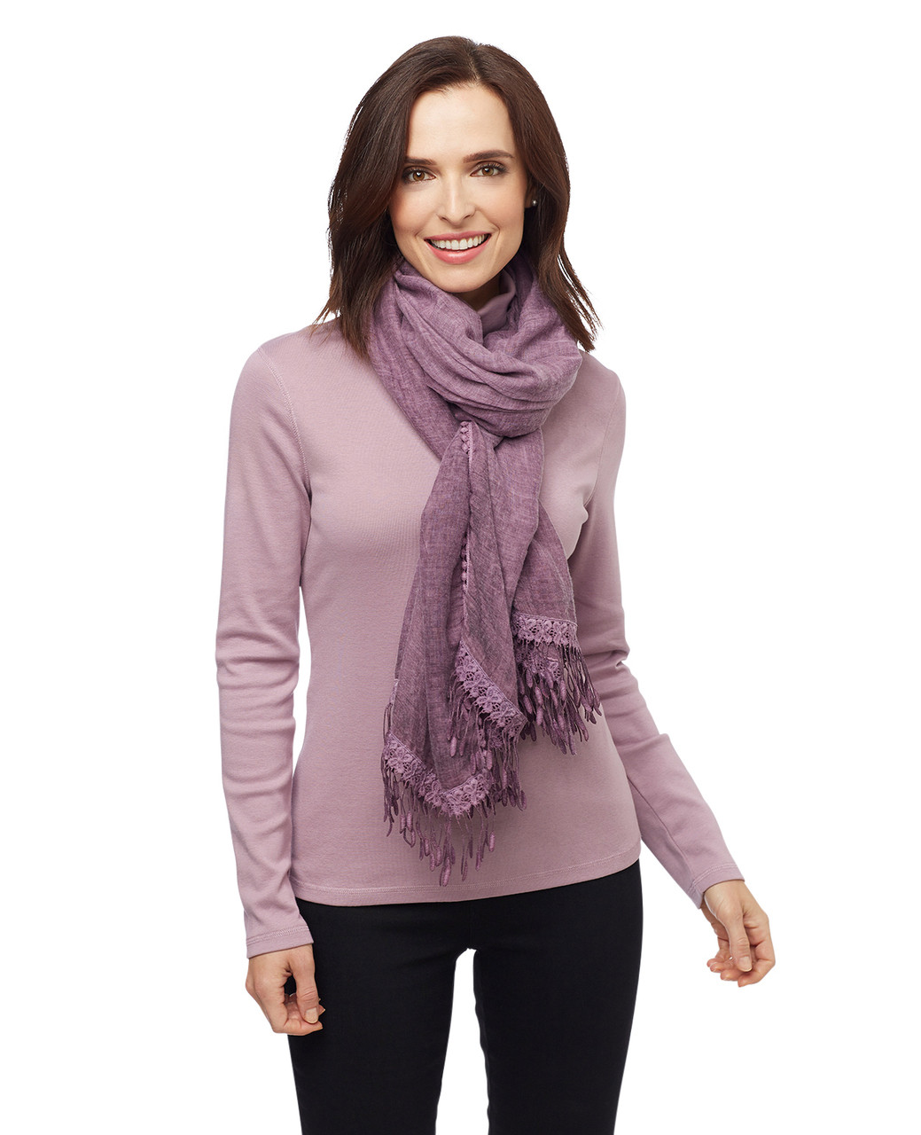 Women's plum purple shoulder scarf with lace trim