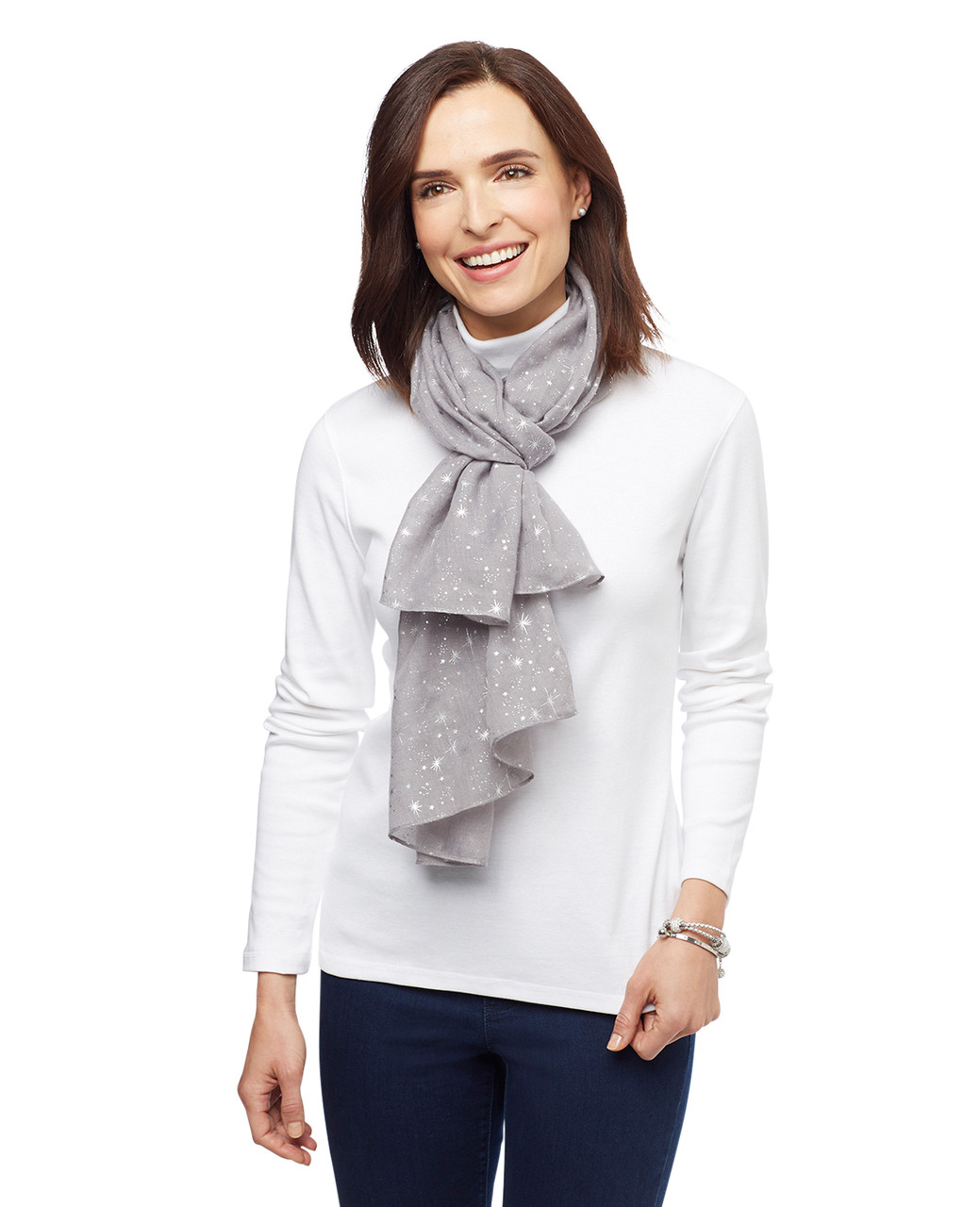 Women's light grey silver foil star scarf