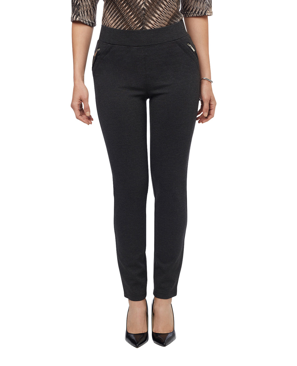 Women's black pull on pants with zippers at hip