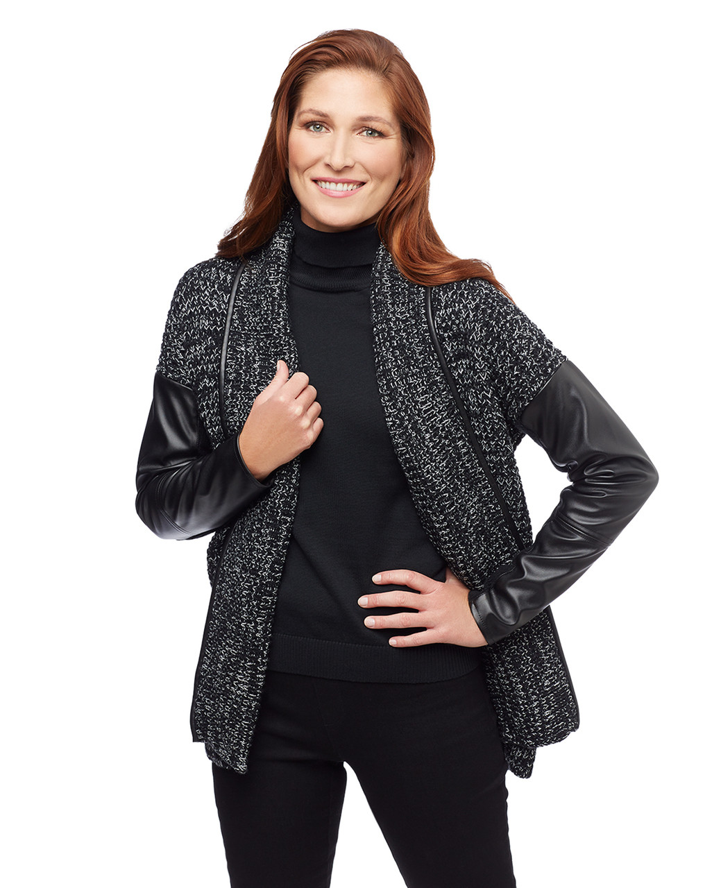 Women's black marled sweater jacket with faux leather sleeves