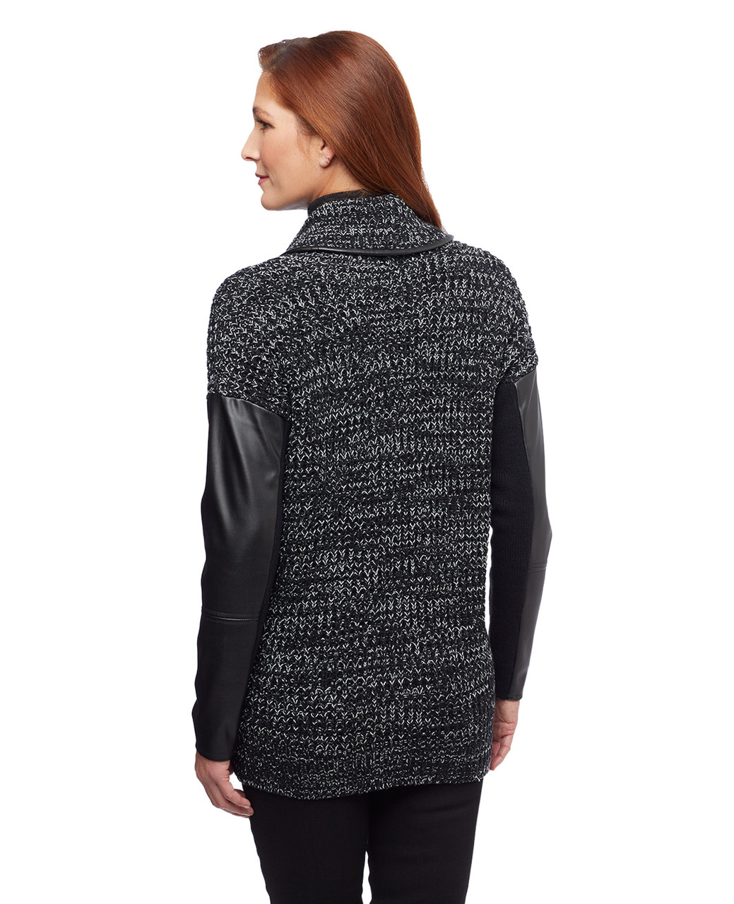 Women's black marled sweater jacket with faux leather sleeves