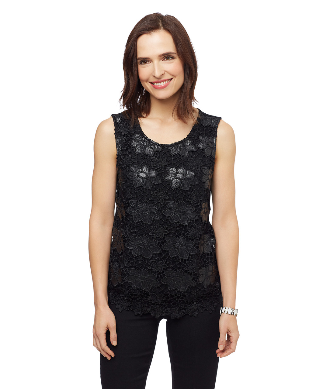 Women's black sleeveless crochet lace top