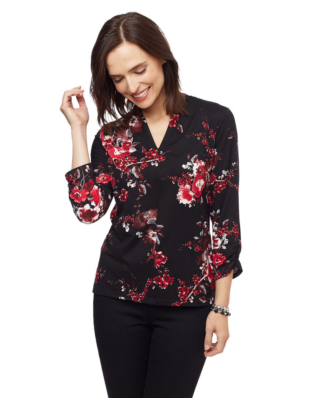 Women's black three quarter sleeve V-neck floral blouse