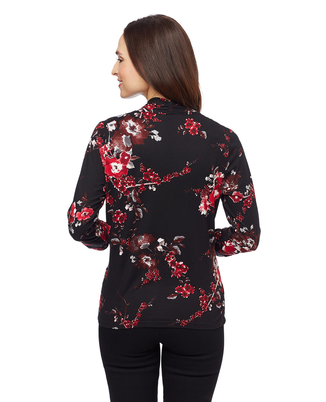 Women's black three quarter sleeve V-neck floral blouse